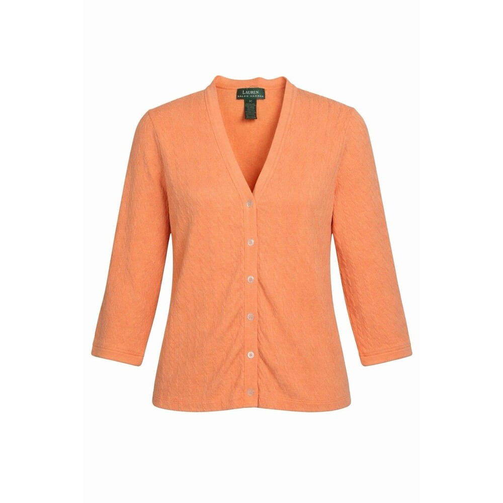 Lauren Ralph Lauren Cardigan Sweater Medium Peach Cable Knit 3/4 Sleeve Cotton